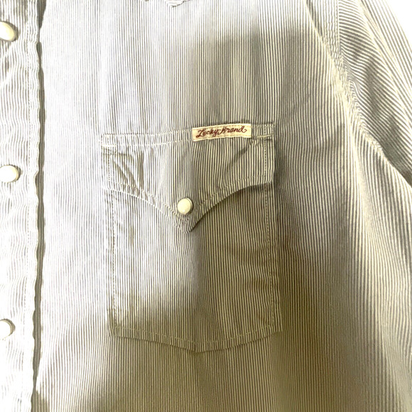 Lucky Brand Mens Sz L Pearl Snap Western Shirt Button Up Gray Striped Flaps Logo - Picture 4 of 12